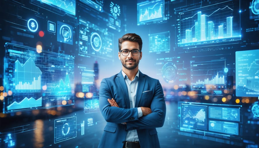 Real estate professional interacting with digital tools such as virtual tours, CRM systems, and marketing analytics in a futuristic cityscape.