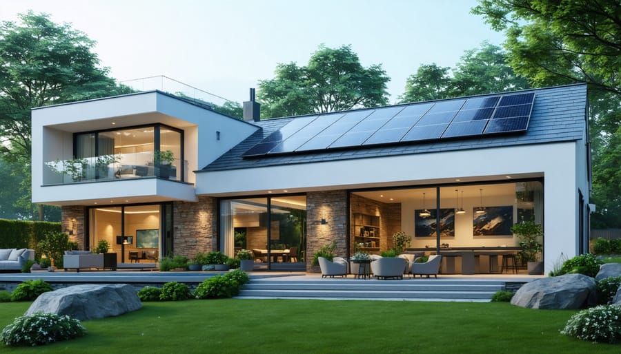 Sustainable home with visible green features including rooftop solar panels and native landscaping
