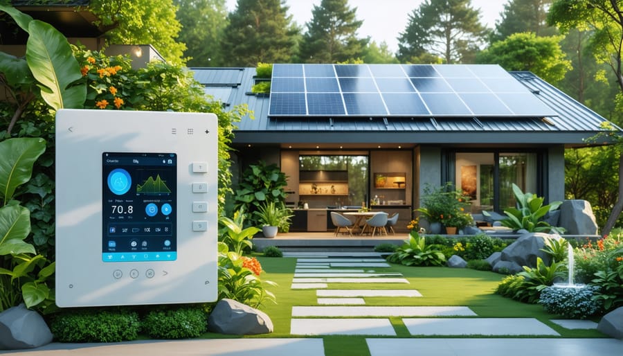 Modern smart home featuring solar panels and a digital dashboard displaying energy savings and environmental benefits.