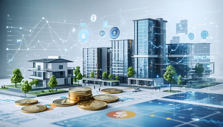 Conceptual illustration depicting the merger of economics and real estate with elements like market graphs, technology symbols, and investment icons, highlighting their impact on property values.