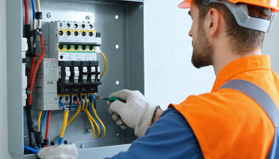Professional electrician working on residential electrical panel installation