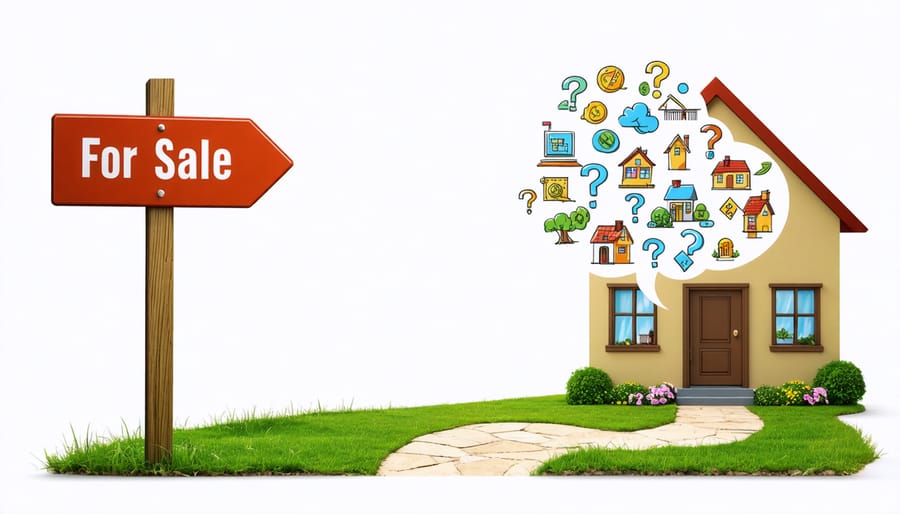 Illustration of a first-time homebuyer contemplating important questions with symbols of various aspects of home purchasing, such as budget, neighborhood, inspection, and insurance, leading to a goal of owning a home.