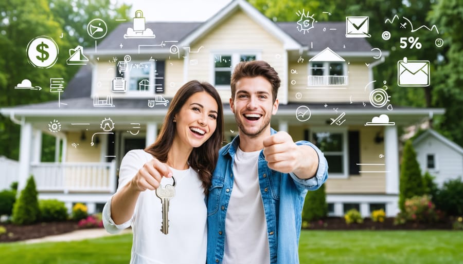 Enthusiastic young couple holding a house key amidst financial assistance icons, symbolizing affordable homeownership opportunities through first-time buyer programs.
