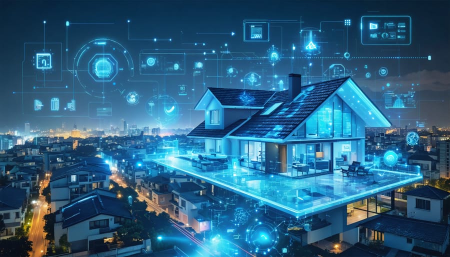 A visionary cityscape depicting integrated smart technology and climate-resilient infrastructure, representing the evolving landscape of property insurance.