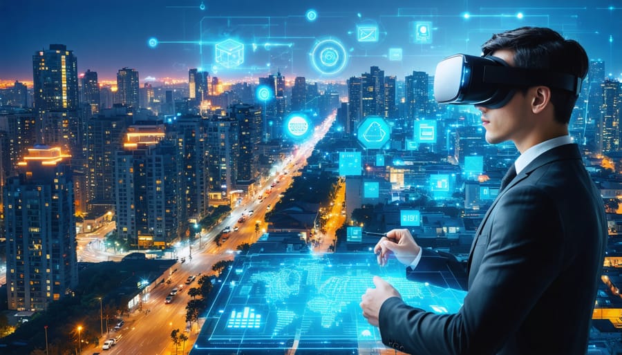 A futuristic cityscape highlighting digital innovations in real estate, featuring smart buildings, virtual reality, and blockchain technologies.