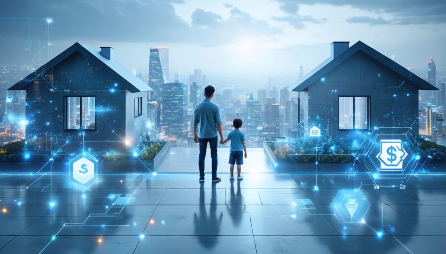 A modern cityscape with abstract geometric shapes representing innovative home loan solutions, and a family looking toward a symbol of future homeownership.