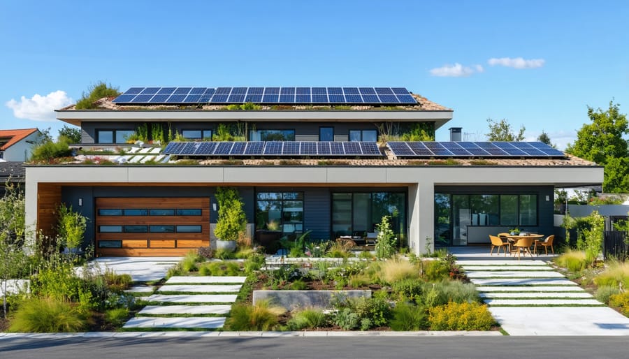 A contemporary eco-friendly home with visible sustainable features including solar panels, a green roof, energy-efficient windows, and water conservation landscaping, highlighting the elements that make green homes attractive for insurance coverage and long-term savings.
