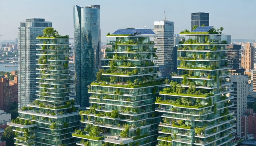 Modern city skyline highlighting eco-friendly green buildings, including solar panels and green roofs, representing sustainable urban development.