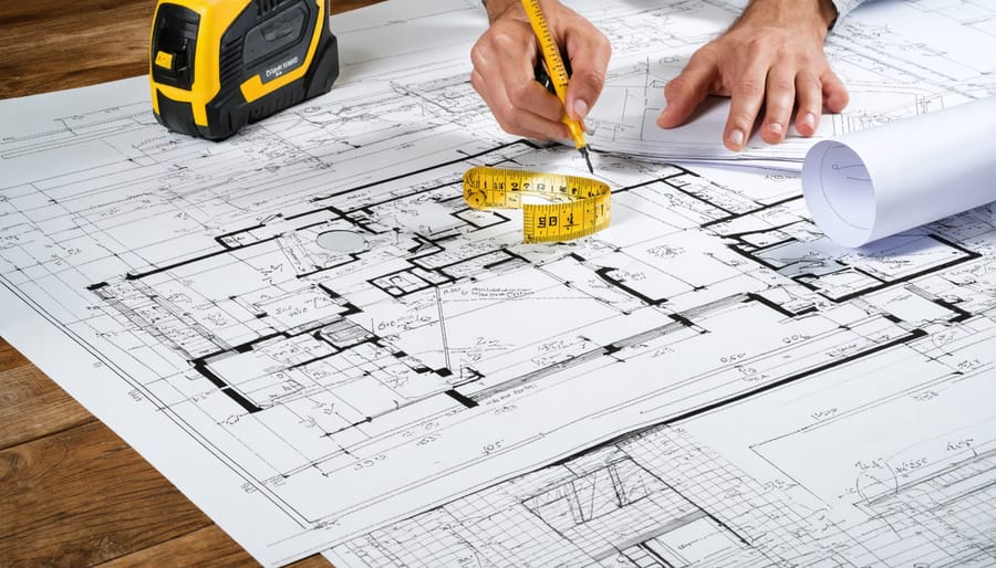 Collection of architectural blueprints, building permits, and measuring tools spread out across a table, representing the detailed planning and legal requirements of home renovations involving permits.