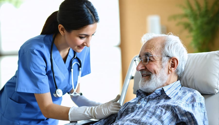 Professional caregiver helping senior resident with daily activities in a long-term care facility