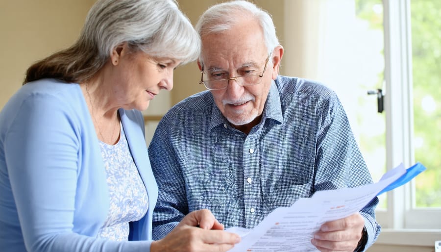 Elderly couple sitting at a desk with a professional reviewing Medicare paperwork