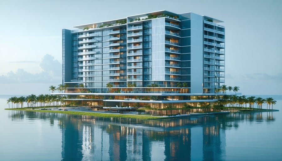 A modern Miami skyscraper showcasing elevated architecture and advanced flood protection systems, such as smart water sensors and automated barriers.