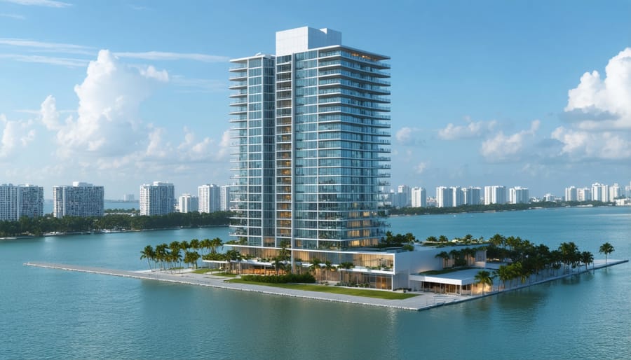 Climate-resilient Miami skyscraper featuring elevated design and flood protection systems