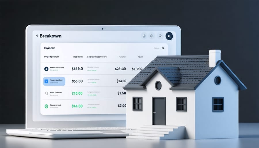 Digital mortgage calculator interface displaying monthly payment breakdown and interest rates