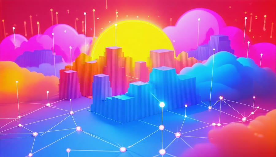 Network of IoT weather sensors feeding data to blockchain insurance contracts