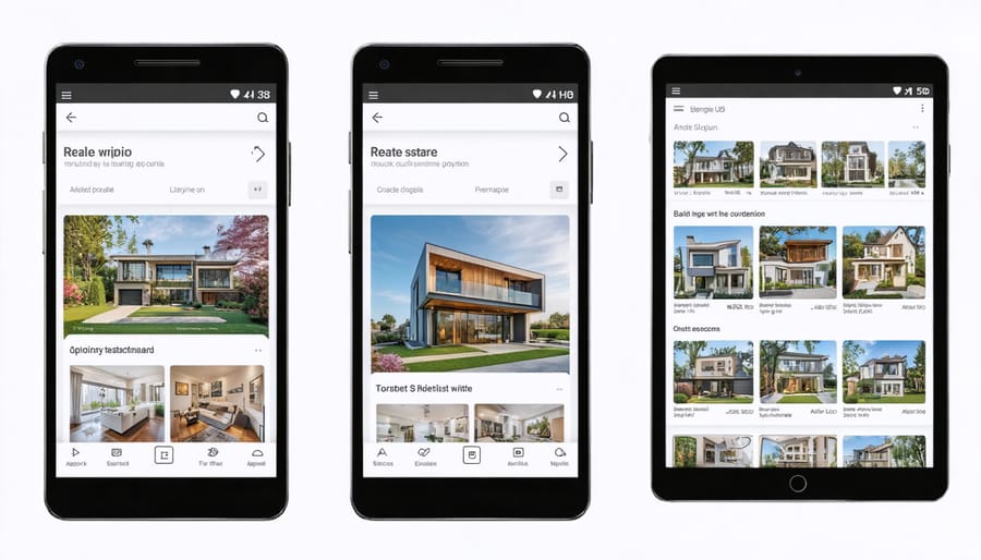 Multiple real estate search apps displayed on mobile devices showing property listings
