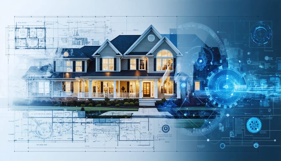 Double exposure of a grand estate home merged with estate planning documents and gears, symbolizing strategic estate planning for real estate protection.