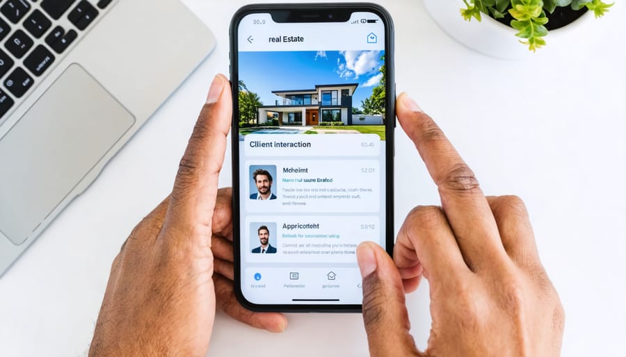 Real estate CRM mobile app interface showing client management tools