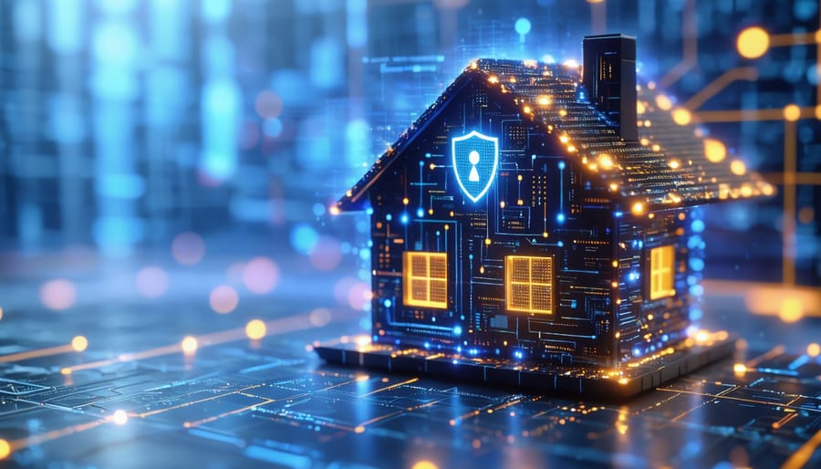 A conceptual digital shield envelops a house, representing protection against cybersecurity threats in real estate, with binary code and digital network elements integrated into the design.