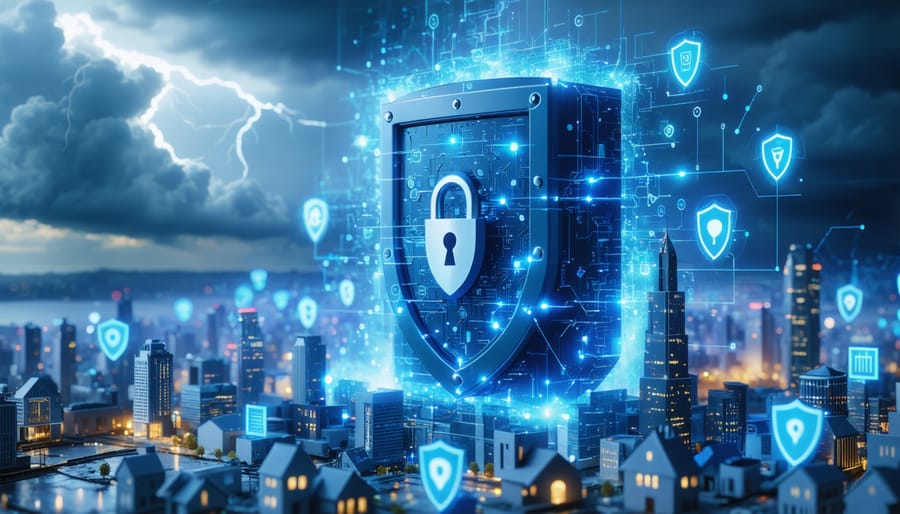 Conceptual illustration of a fortified digital vault protecting a real estate data platform from cyber threats, surrounded by urban landscapes and digital symbols.