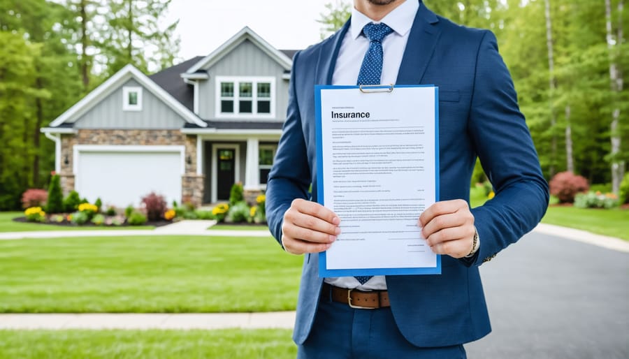 Real estate professional conducting property viewing with insurance paperwork visible