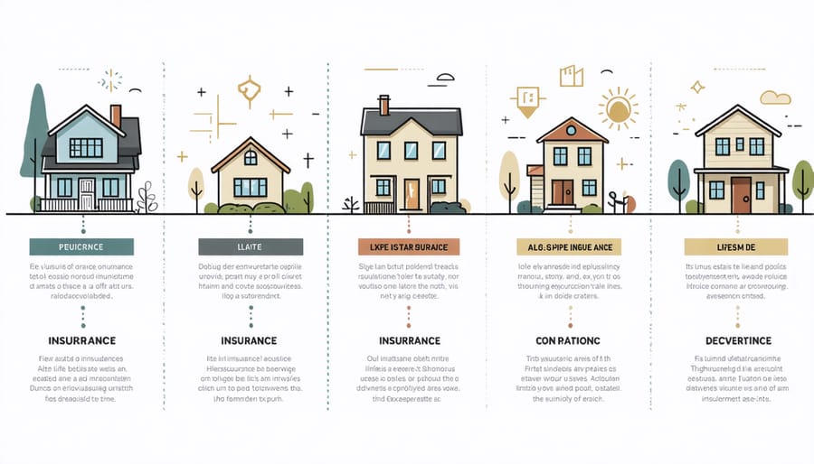 Comparative diagram of term, whole, and universal life insurance policies with property icons