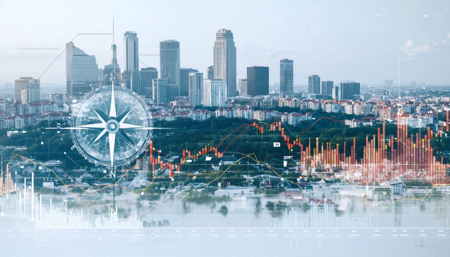 Collage of modern city skyline, suburban homes, and digital stock chart representing the complex real estate market dynamics and strategic considerations in 2024.