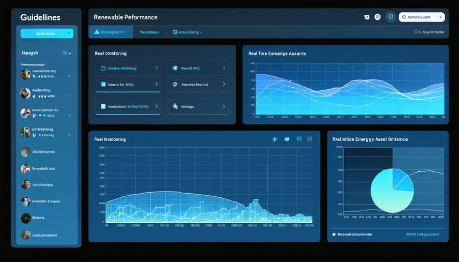 Modern control room interface displaying renewable energy performance metrics and risk indicators