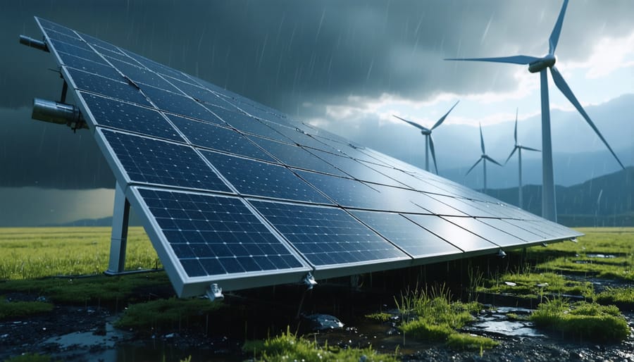 Solar panels and wind turbines showing weather-related damage from storms and hail