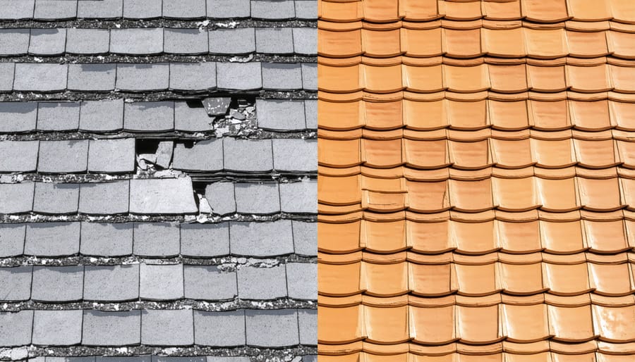 Before and after comparison of old and new residential roofing
