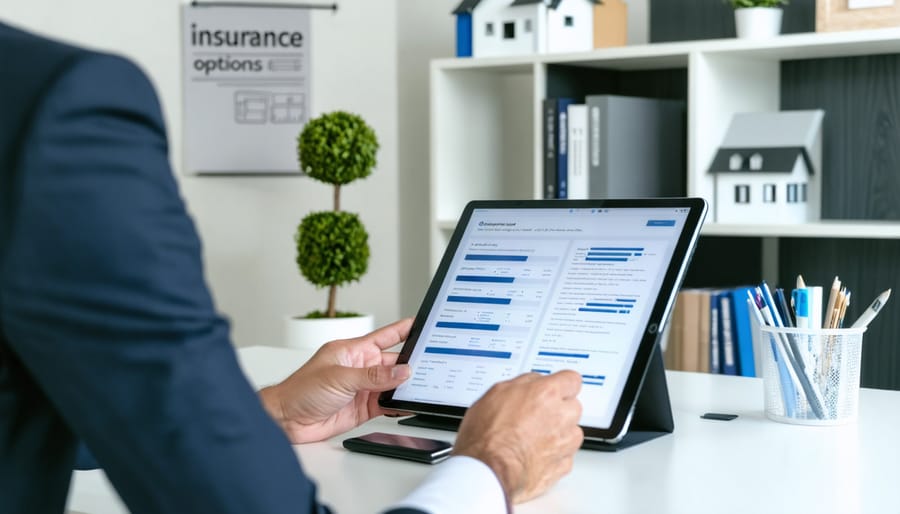 A self-employed professional reviewing digital insurance policies on a tablet at a modern office desk, with business-related items in the background.