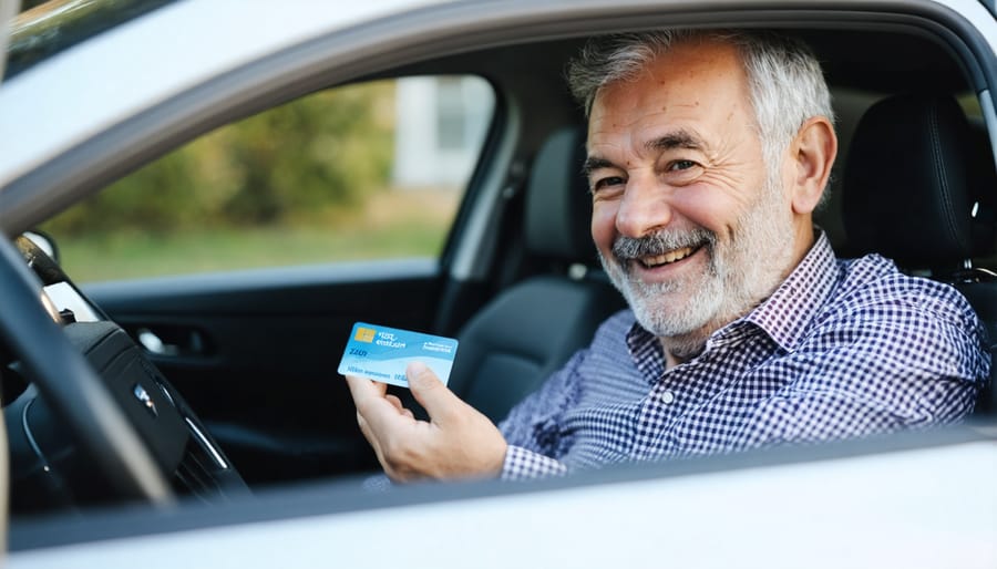 Elderly driver being presented with auto insurance savings card by insurance agent