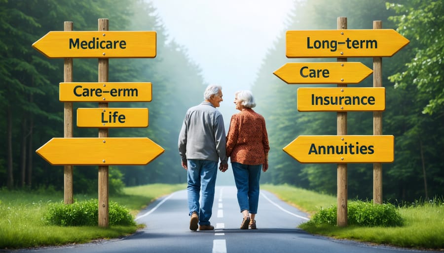 A senior couple standing at a crossroads with signposts directing them towards various insurance options, illustrating the essential insurance decisions needed to protect their golden years.