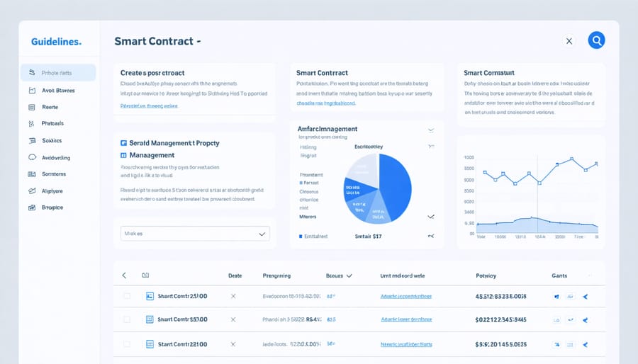 User interface of a smart contract platform displaying property management features and metrics