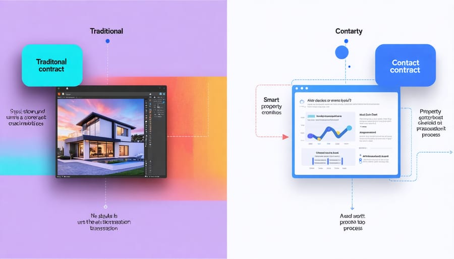 Comparison diagram of traditional paper-based real estate process versus streamlined smart contract process
