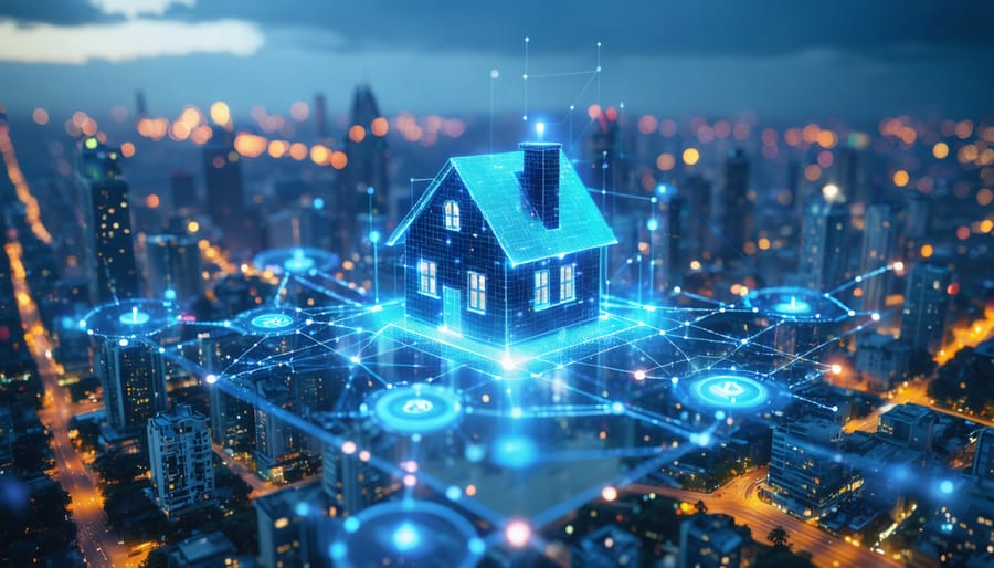 Futuristic depiction of a city skyline with digital interconnections showing the transfer of property via blockchain-based smart contracts, highlighting themes of automation, security, and transparency in real estate transactions.