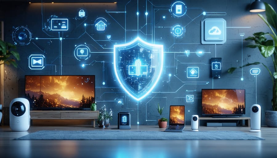 A smart home showcasing interconnected devices like cameras, thermostats, and doorbells connected by glowing digital lines, with a large transparent shield overlay symbolizing cyber protection.