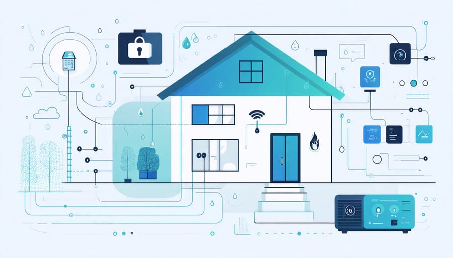 Digital dashboard displaying various smart home monitoring features and alerts