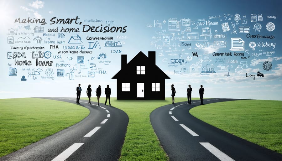 Conceptual illustration of a house surrounded by roads labeled with different home loan types, symbolizing informed decision-making in a dream home purchase.