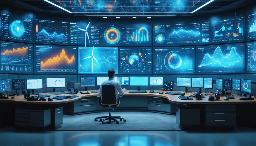 "A professional asset manager in a control room monitors digital screens displaying performance metrics and real-time analytics of renewable energy assets, highlighting effective management strategies in the renewable sector."