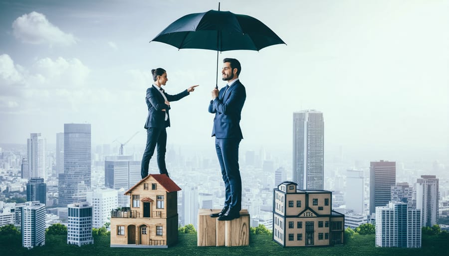 A confident real estate investor atop a cityscape of properties, holding a protective umbrella, alongside a life insurance advisor illustrating strategies as building blocks for a real estate empire.