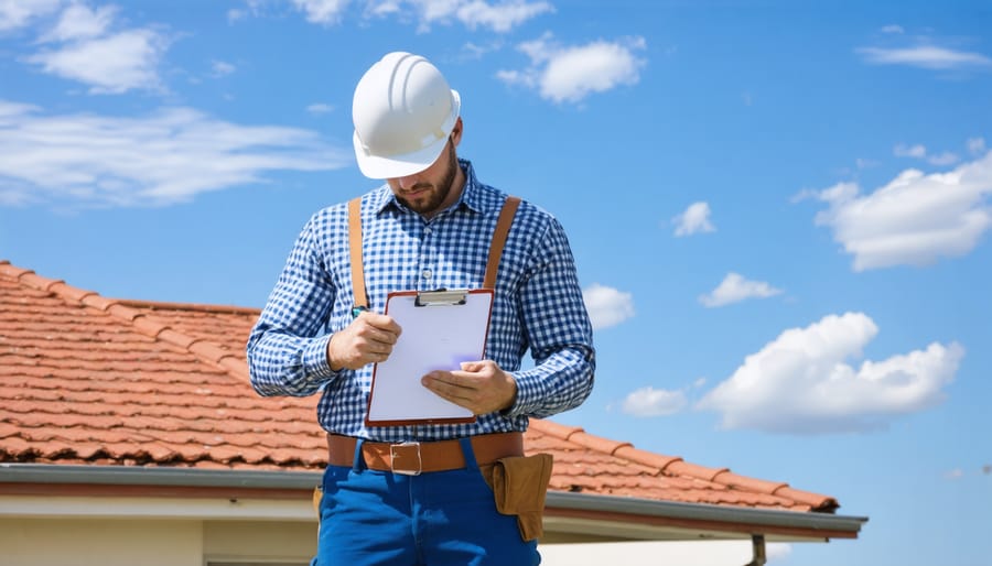 State Farm inspector evaluating roof condition during home inspection