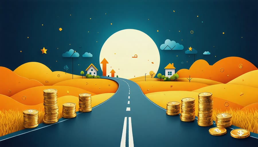 A symbolic pathway to financial success featuring investment icons, growth indicators, and security motifs.