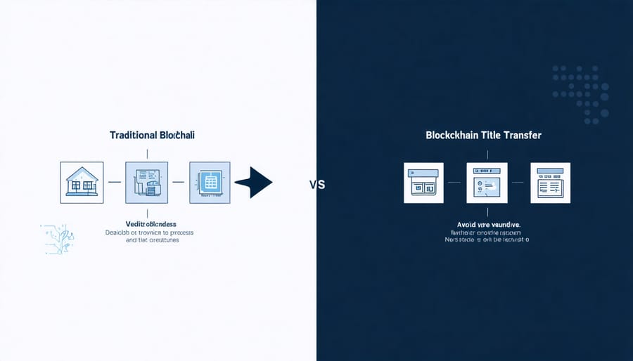 Side-by-side comparison of traditional paper-based title transfer and digital blockchain process