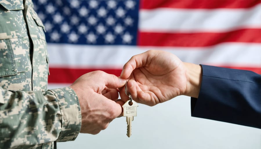 Veteran homebuyer accepting house keys during VA loan closing ceremony
