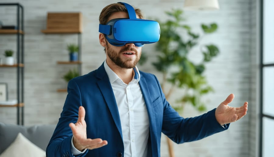 Real estate agent demonstrating virtual reality property tour technology