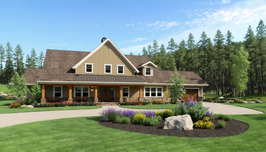 Wildfire-resistant rural home featuring metal roof, cement siding, and cleared vegetation perimeter