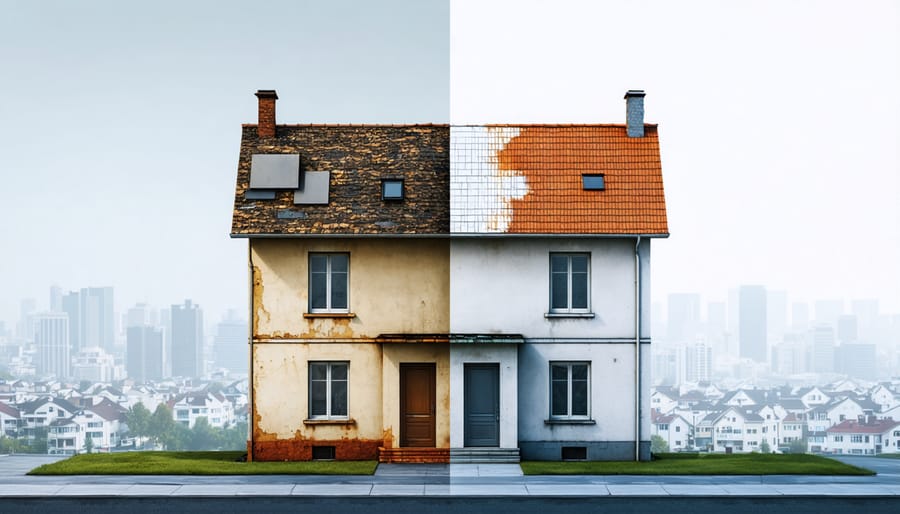 Illustration of a house split into old and new sections, showing contrasts between aging systems and modern upgrades to represent strategies for managing higher insurance costs.