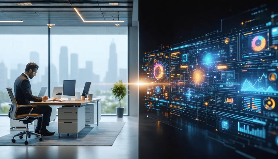 A split-screen image illustrating the collaboration between AI algorithms analyzing property data and a human appraiser inspecting a property plan, highlighting the future of property valuation.