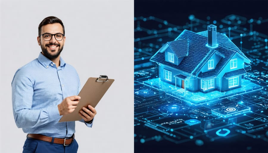 A split-image showing a traditional property assessor with a clipboard next to a futuristic digital assessment interface representing AI-powered property valuation methods.